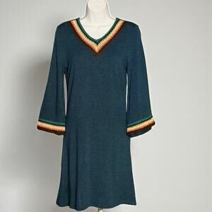 Teal Sweater Dress Sz M Crochet V Neck Boho A Line Flare 3/4 Sleeve Knit OB2-12
